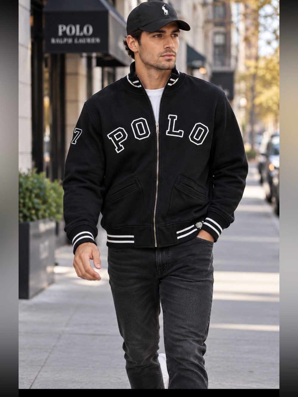 Ralph Lauren Polo Black Varsity Zip-Up Jacket with White Trim
